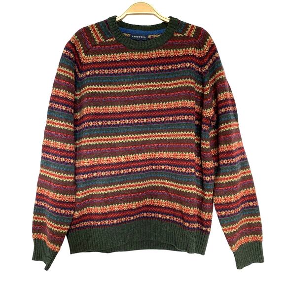Lands End Lambswool Fair Isle Sweater Men L Green Multicolor 80s Cosby Style - Picture 1 of 9